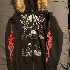 Black and Red Hoodie with Skull and Fur Hoodie